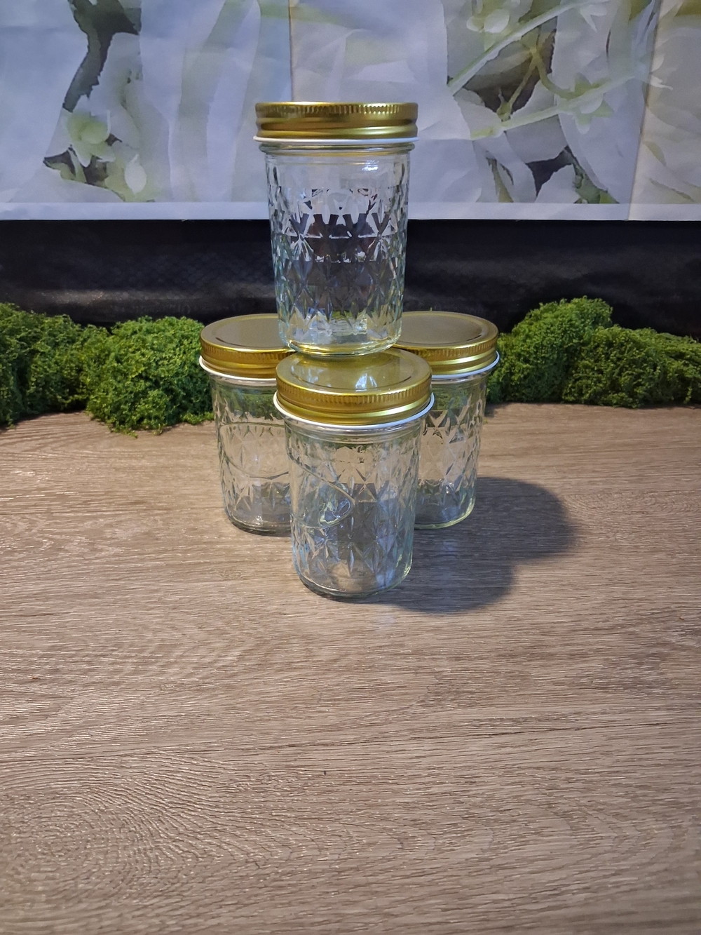 Set of 4 Textured Glass Jars with Gold Screw Lids 4oz